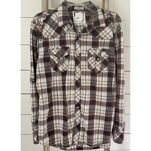 BKE Mens Pearl Snap Western Shirt Athletic Fit Long Sleeves Brown Stitched Large